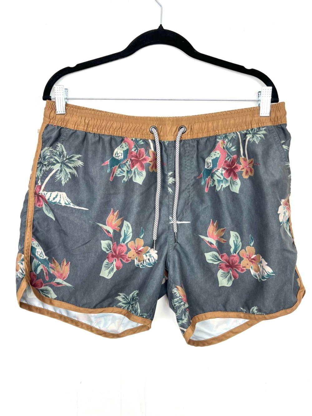 Maamgic Swim Trunks Men's Size Large Grey Brown Floral Drawstring Waist